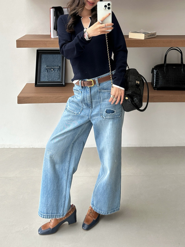 Oni~New Autumn Collection: Retro Embroidered Pocket Design Straight-Leg Jeans with Belt 7201 Oni~New Autumn Collection: Retro Embroidered Pocket Design Straight-Leg Jeans with Belt 7201