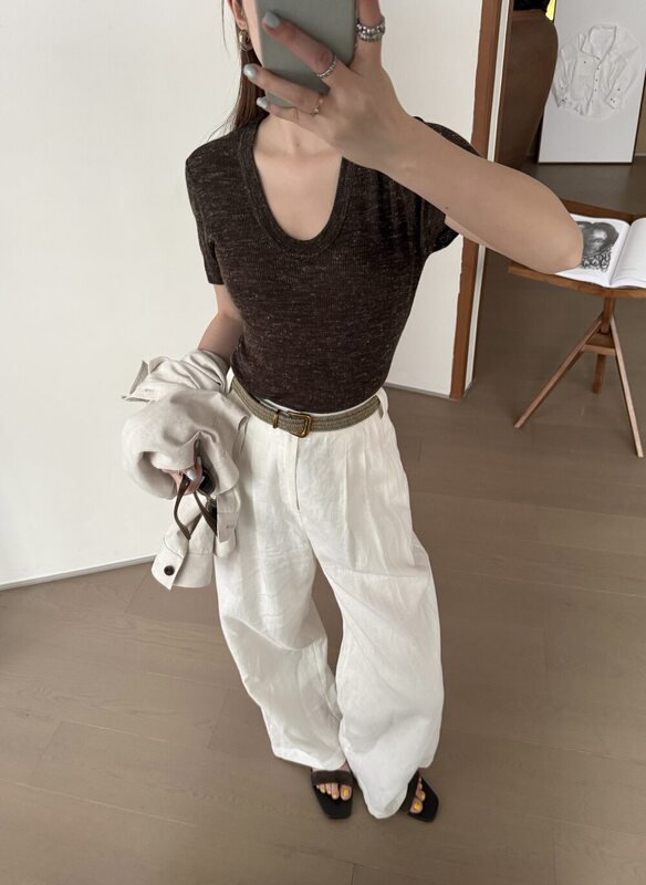 Oni~New Spring Linen Blend U-Neck Short-Sleeved Knit Sweater 2178