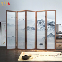 New Chinese style solid wood folding screen partition decoration living room hotel shielding wall porch moving semi-transparent landscape folding screen