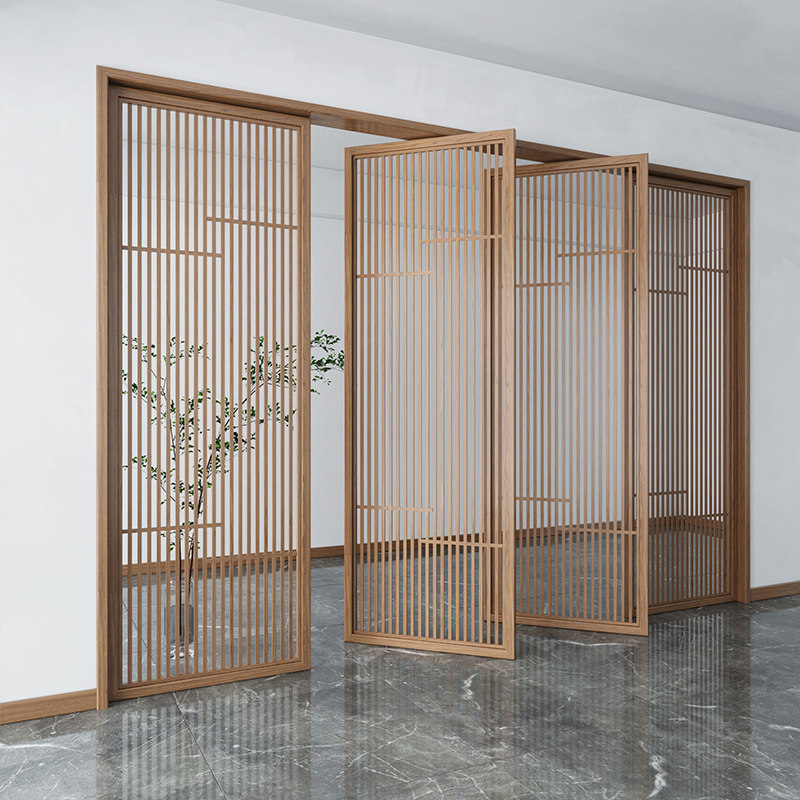 New Chinese style solid wood screen partition decoration living room hotel wooden grid fence wooden 360 rotating custom partition wall