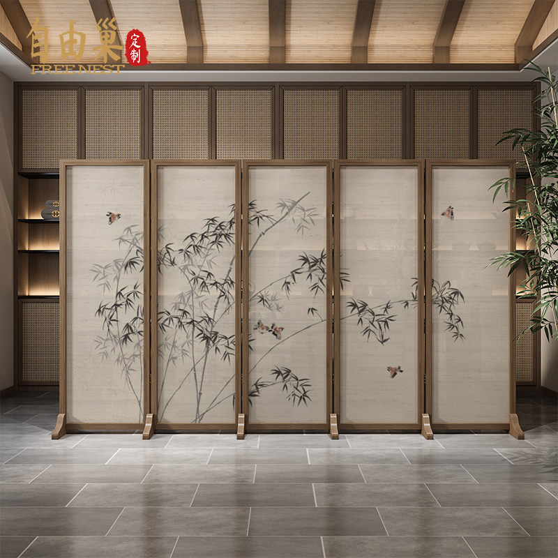 New Chinese solid wood bamboo screen folding decoration Living room dining room Hotel office entrance partition high rise folding screen