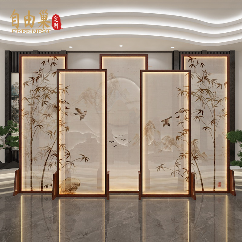 Chinese 5-plus solid wood bamboo with lamp screen and wind room lobby lobby tea room background wall glowing partition seat screen