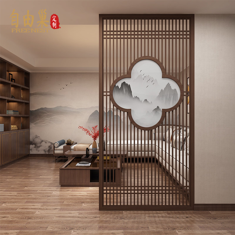 New Chinese style solid wood plum blossom hollow screen partition decoration hotel living room tea room entrance landscape top floor screen