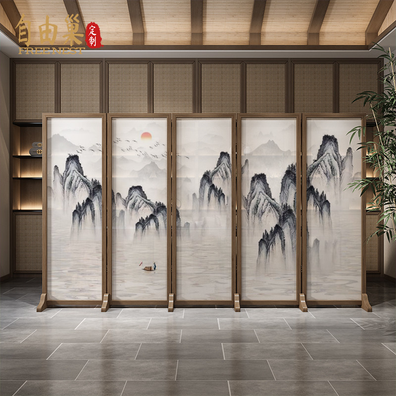 New Chinese solid wood folding screen shielded from living room hotel room background wall-in-room landscape partition folding screen 