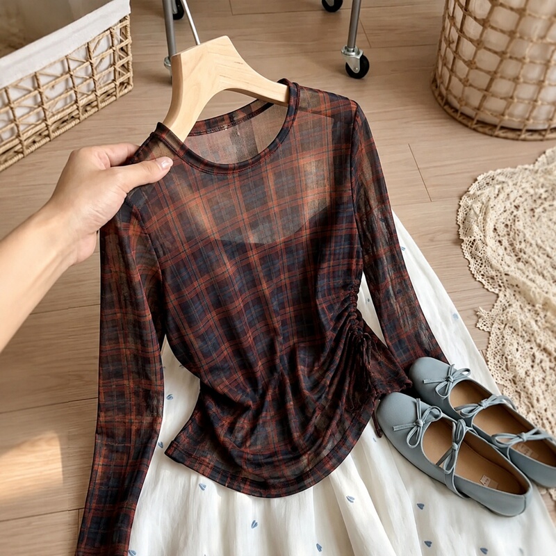 Vintage Hong Kong Style Plaid Long-Sleeve Mesh Top for Women, Thin Tie-Up Design, 2026 Summer Slimming Air-Conditioning Cover-Up Vintage Hong Kong Style Plaid Long-Sleeve Mesh Top for Women, Thin Tie-Up Design, 2026 Summer Slimming Air-Conditioning Cover-Up