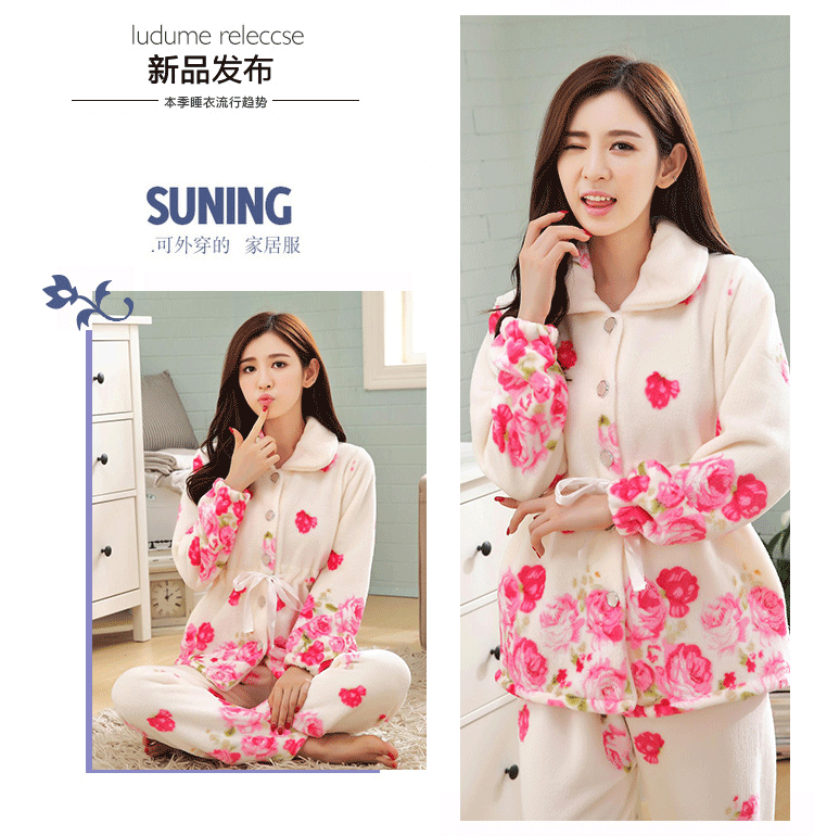 Bộ đồ ngủ bằng vải bông nữ mùa đông dày ấm áp ba lớp nhung nhung mùa đông bằng vải len flannel ngọt ngào kích thước lớn phù hợp với thời trang trung niên