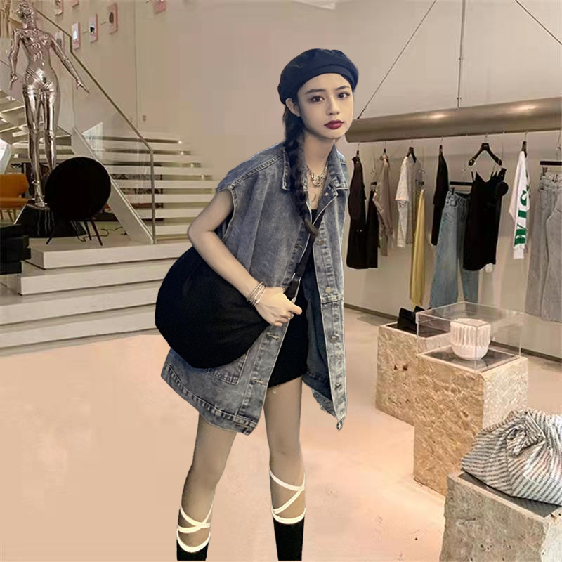 Hong Kong Style Mid-Length Denim Vest Jacket for Women 2024 Summer New Large Size Loose Outerwear Vest Sleeveless Tank Top