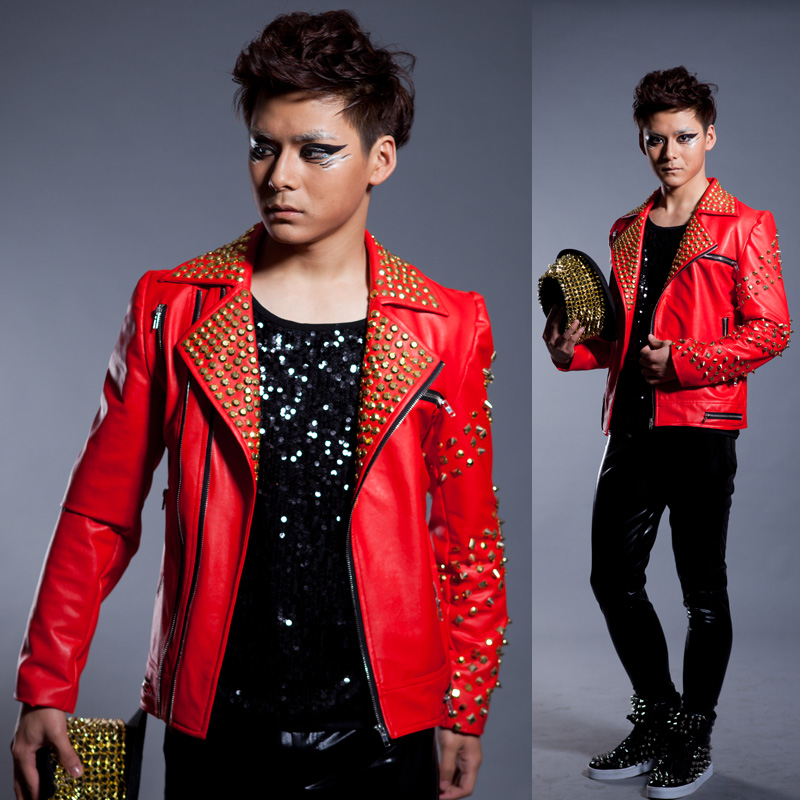 Special offer stage outfit nightclub bar costume singer DS male full hand rivet punk motorcycle leather jacket