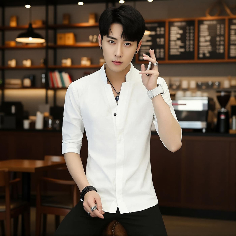 [Retro Chinese Style Stand-Up Collar] Shirt for Men, Spring and Summer Thin Style, Slim Fit, Five-Quarter Sleeves, White Shirt, Handsome Men's Summer Style