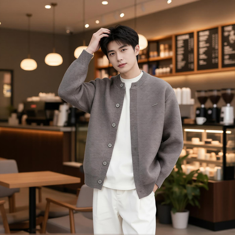 High-End Round-Neck Knitted Cardigan Jacket for Men, Spring New Fashion Trendy Sweater, Light Luxury Men's Clothing 25933
