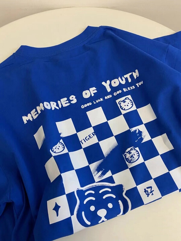 Klein Blue Pure Cotton Short-Sleeve T-Shirt for Women, Oversized Korean Style, Summer Trendy Checkerboard Pattern, Hong Kong Style Half-Sleeve Top