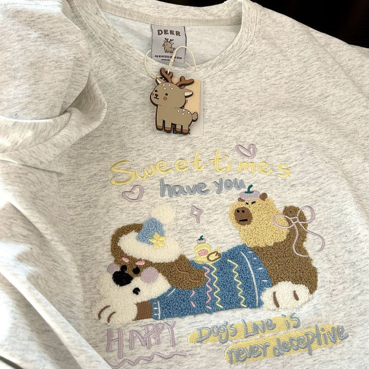 Heavy Embroidery 100% Pure Cotton White-Gray Short-Sleeved T-Shirt for Women, Loose Fit, Summer Hong Kong Style Chic Student Half-Sleeve Top