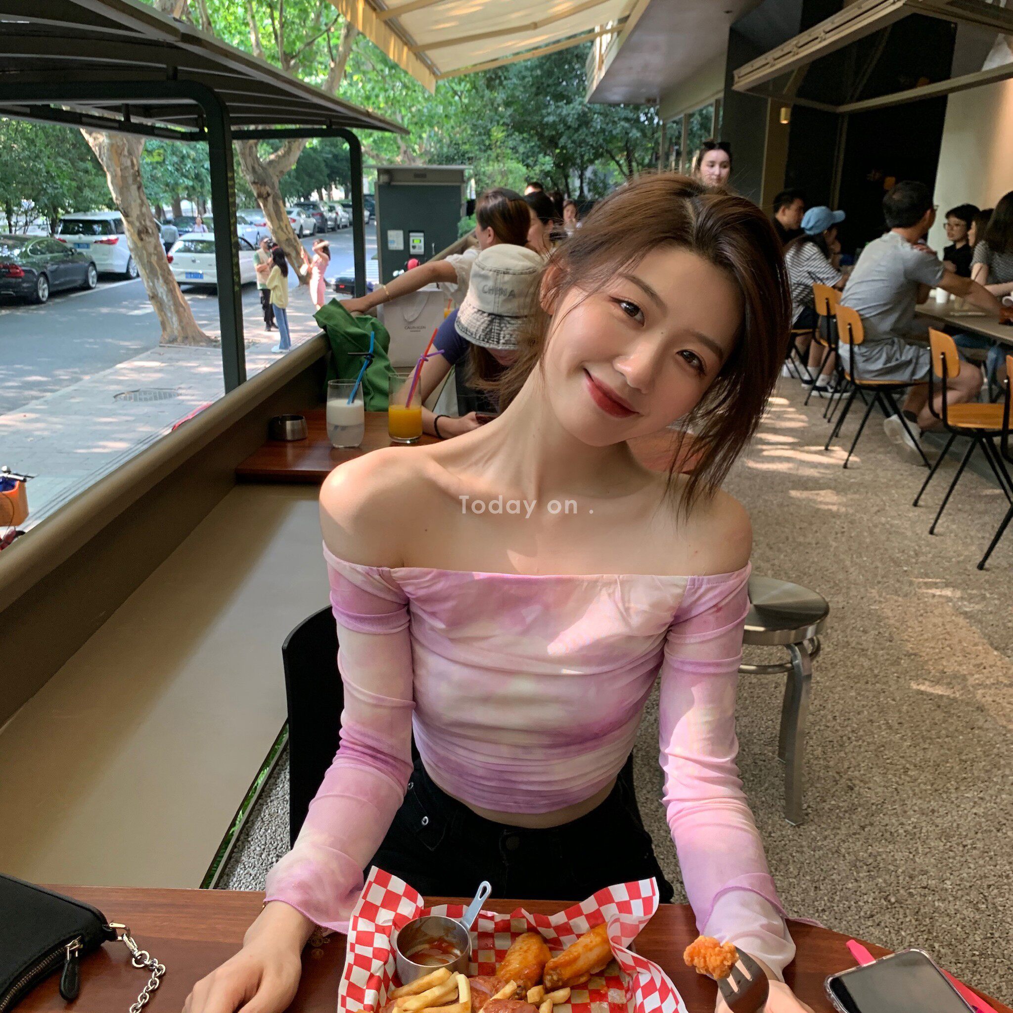 Summer Clearance No Returns] Gentle wind double-layer mesh one-shoulder pleated ruffled tie-dye long sleeves are thin and short