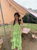 Today on] 2021 summer dress green little floral dress cake skirt loose ruffle