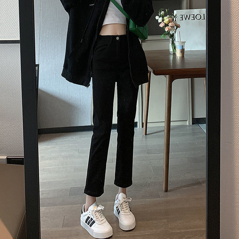 Spring and Summer Thin Black Cropped Straight-Leg Leggings for Petite Women, Stretchy and Slimming, Nine-Point Cigarette Pants, Small Black Pants