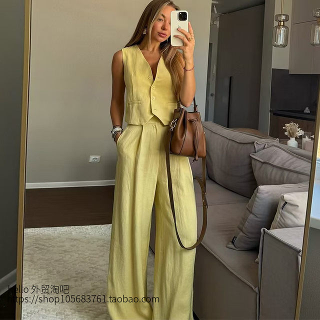 European and American Style Fashion V-Neck Cardigan Vest High-Waisted Wide-Leg Pants Suit V-Neck Top and Pants Suit