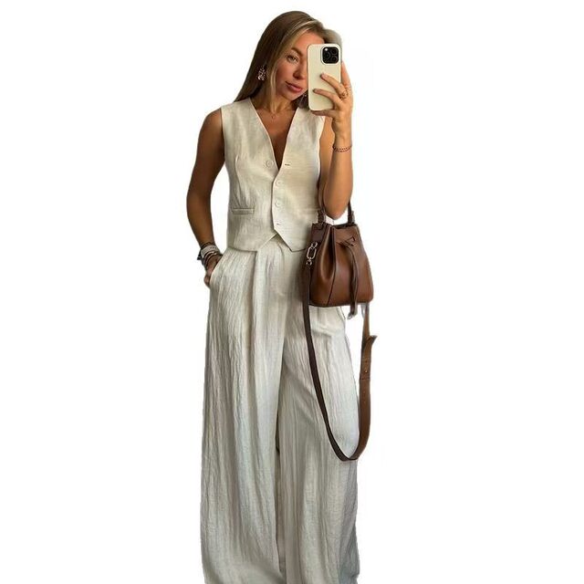 European and American Style Fashion V-Neck Cardigan Vest High-Waisted Wide-Leg Pants Suit V-Neck Top and Pants Suit