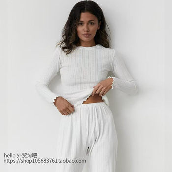 European and American New Style Knitted Hollow-Out Heart Jacquard Top and Pants Set Loungewear