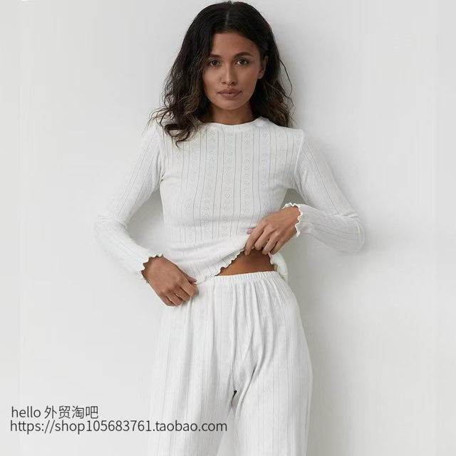 European and American New Style Knitted Hollow-Out Heart Jacquard Top and Pants Set Loungewear