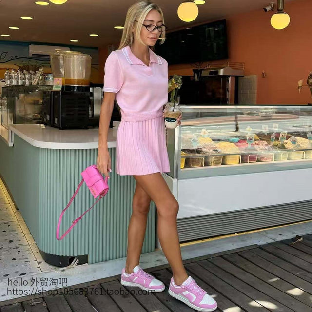 European and American Style Knitted Polo Collar Short-Sleeved Top and Skirt Set