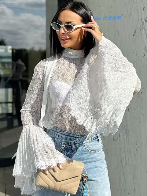 New French-Style Sexy Sheer Lace Blouse with Ruffle Sleeves, Elegant Top Perspective Sexy Top