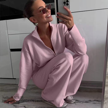 European and American Style New Fashion Casual Knitted Zipper Sweater + Pants Set