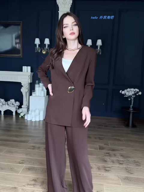 European and American New Fashion Long-Sleeved Suit Jacket Wide-Leg Pants Set