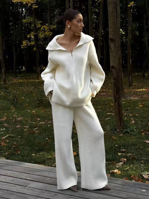 European and American Style New Half-Zip Knitted Lapel Sweater Wide-Leg Pants Set Sweater and Pants Set