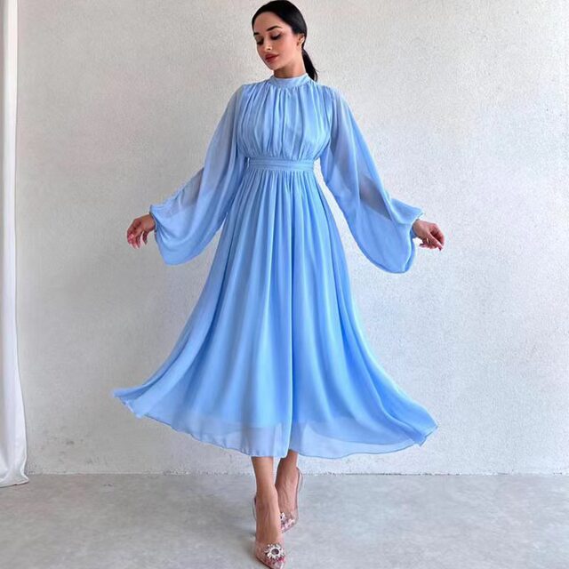 European and American Style Half-High Neck Zipper Long-Sleeve Flared Dress Half High Neck Chiffon Dress