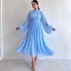 European and American Style Half-High Neck Zipper Long-Sleeve Flared Dress Half High Neck Chiffon Dress