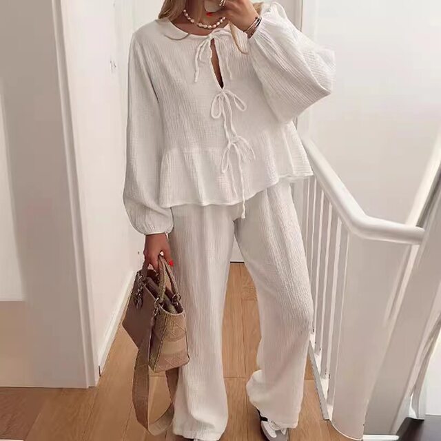 European and American New Fashion Lantern Sleeve Lace-Up Top and Pants Set