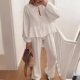 European and American New Fashion Lantern Sleeve Lace-Up Top and Pants Set