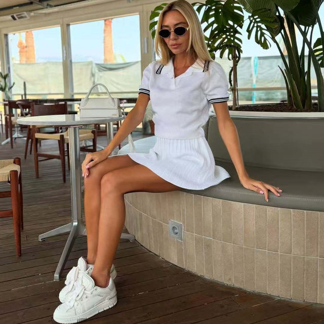 European and American Style Knitted Polo Collar Short-Sleeved Top and Skirt Set