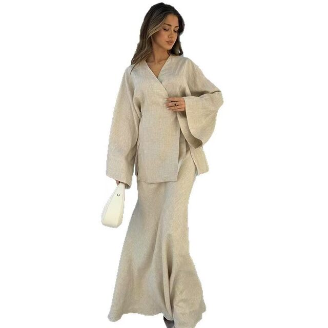 European and American New Style Solid Color V-Neck Tie-Up Cardigan Top and High-Waisted Skirt Set Shirt and Skirt Set