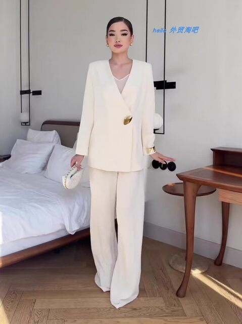 European and American New Fashion Long-Sleeved Suit Jacket Wide-Leg Pants Set