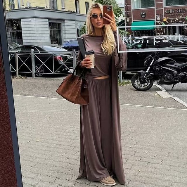 European and American Style New Long Cardigan, Long-Sleeved Top, and Long Pants Three-Piece Set