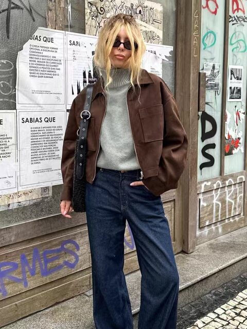 European and American Style New Fashion Loose Lapel Long-Sleeve Short Zipper Jacket Coat