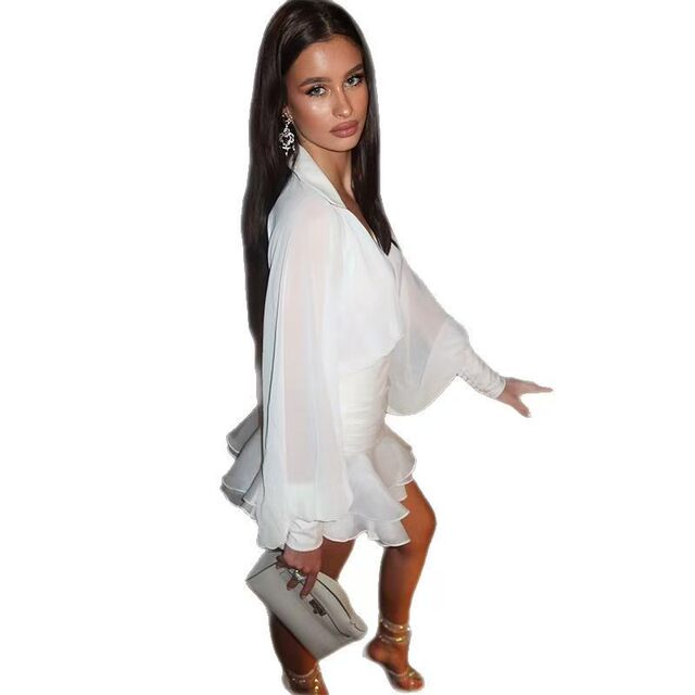 European and American Style Sexy Shirt and Skirt Two-Piece Set Lantern Sleeve Shirt and Skirt Set