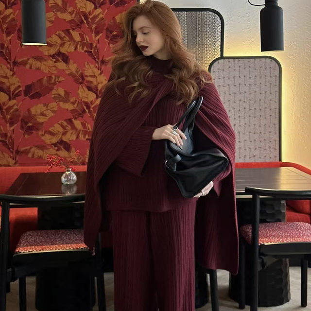 European and American Style New Fashion Shawl Knit Sweater Casual Pants Set Knitted Three Piece Set