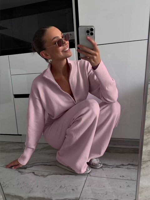 European and American Style New Fashion Casual Knitted Zipper Sweater + Pants Set