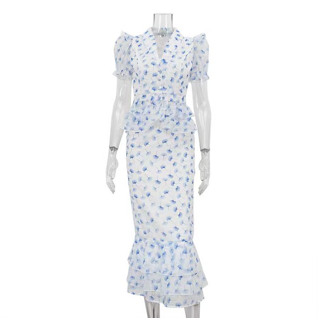 New French-Style Printed V-Neck Puff Sleeve Top and Skirt Set