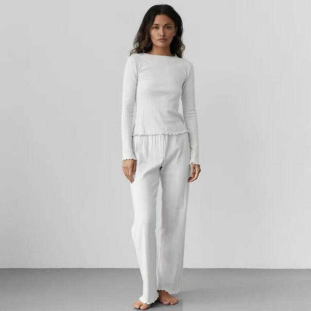 European and American New Style Knitted Hollow-Out Heart Jacquard Top and Pants Set Loungewear