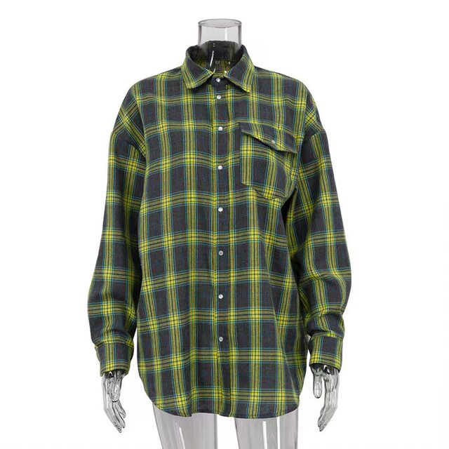 European and American Retro Lapel Loose Plaid Long-Sleeve Pocket Shirt