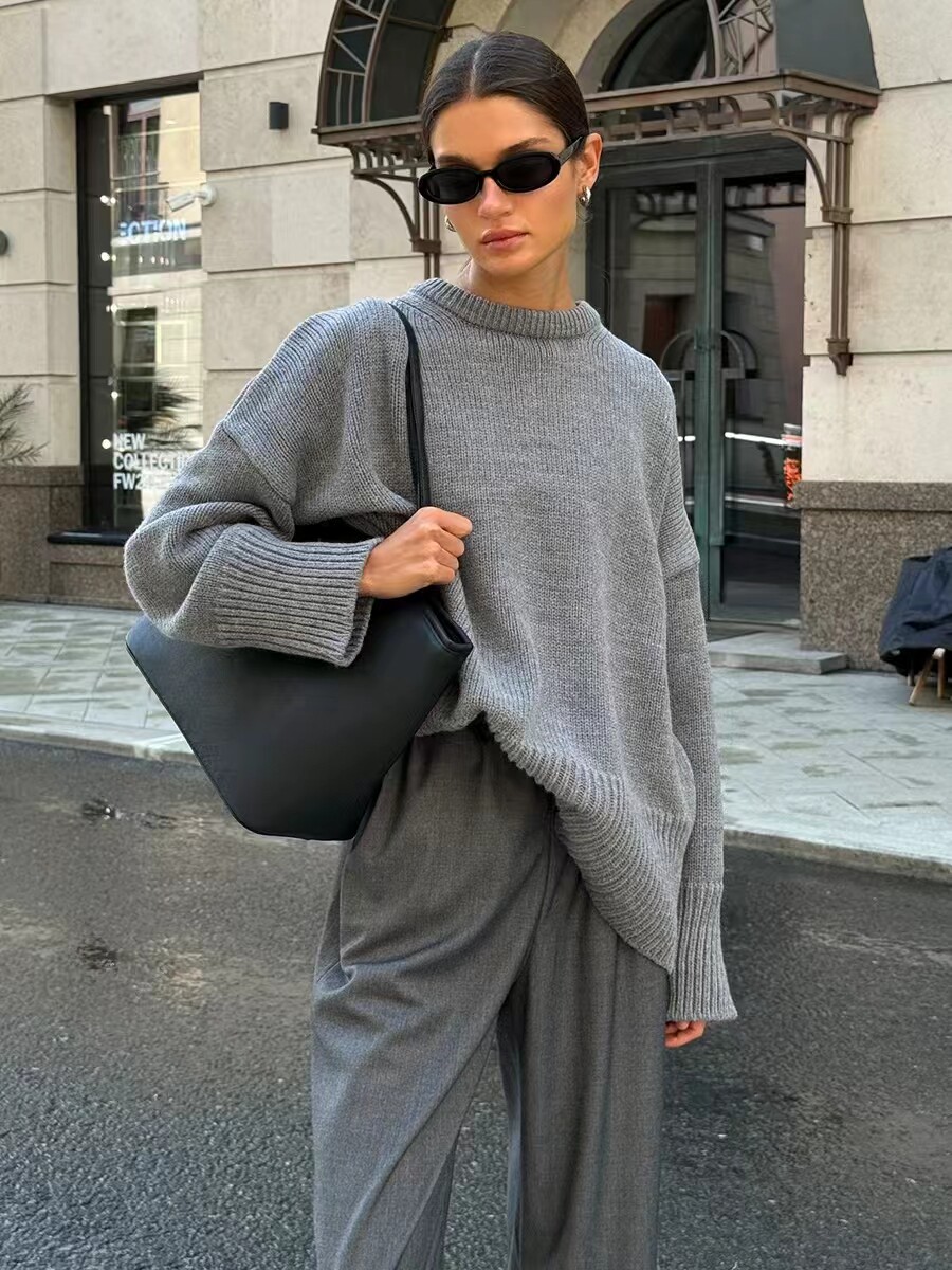 Crewneck knit sweater solid color casual round neck top - Product image 8