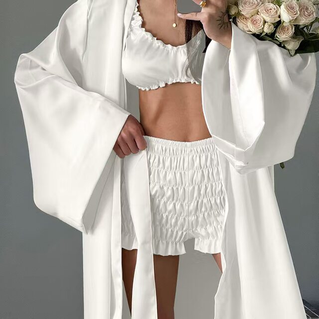 European and American Style Long-Sleeved Cardigan, Sexy Tank Top, Shorts Three-Piece Home Suit