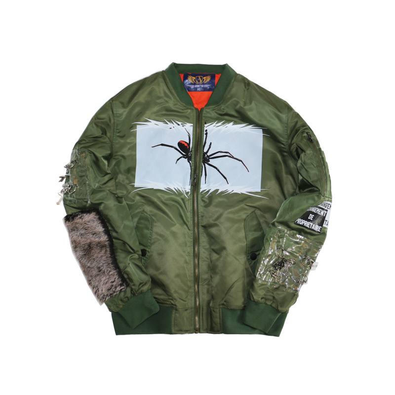 Heavy-Duty Ma1 Flight Jacket Coucou Military Green Spider Graffiti Plush Patchwork Trendy Street Baseball Jacket Heavy-Duty Ma1 Flight Jacket Coucou Military Green Spider Graffiti Plush Patchwork Trendy Street Baseball Jacket