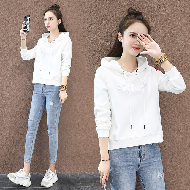 White sweatshirt for women 2024 spring and autumn new Korean style loose hooded short fashion casual top for small people