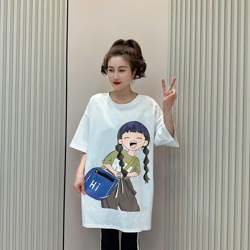 2026 Summer New Cartoon School Bag Girl Print Zipper Pocket Slit Versatile Plus Size Women's T-Shirt 2026 Summer New Cartoon School Bag Girl Print Zipper Pocket Slit Versatile Plus Size Women's T-Shirt