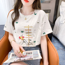 Pure cotton white short-sleeved t-shirt for women new trendy 2024 summer clothes loose embroidered printed women's t-shirt top