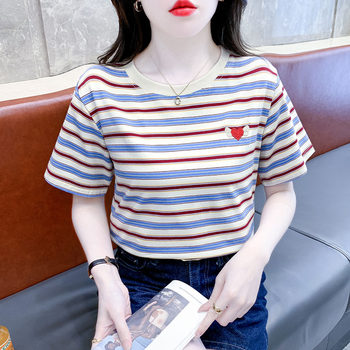 ເສື້ອຍືດແຂນສັ້ນຍີ່ຫໍ້ trendy striped t-shirt ສໍາລັບແມ່ຍິງ 2026 summer ວ່າງ, ຄົນອັບເດດ: ແລະ chic tops ເສື້ອທີເຊີດຄໍຮອບໃຫມ່ສໍາລັບແມ່ຍິງ
